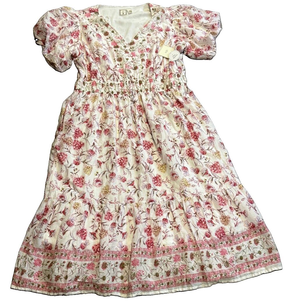 NWT LEA Womens 3X Puff Sleeve Maxi Dress Floral V Neck Plus Size Flowy